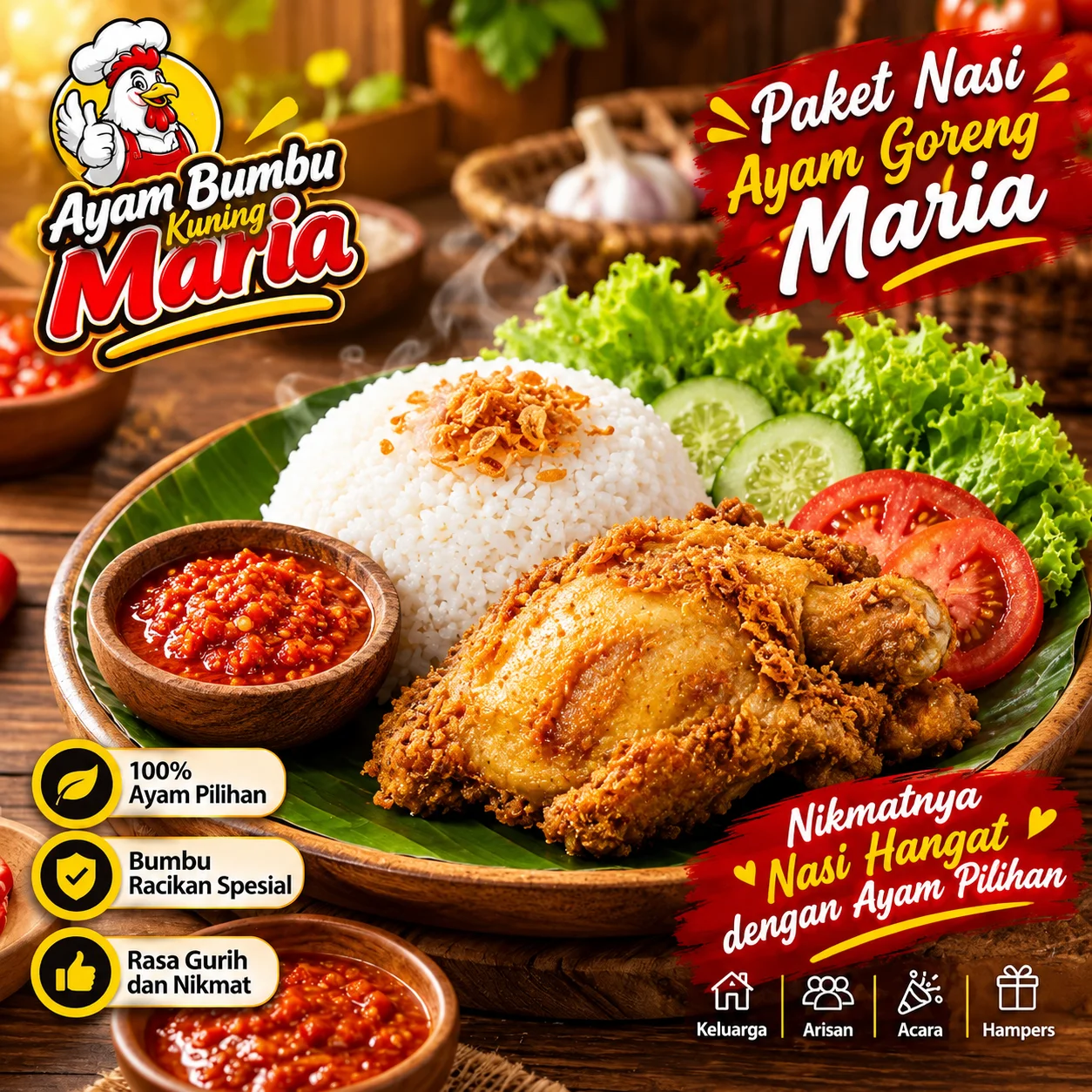 Paket Nasi Ayam Goreng Maria - nasi hangat dengan ayam pilihan, lalapan dan sambal